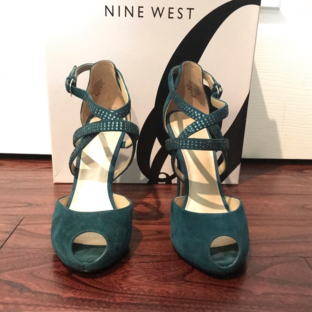 Nine west blue-green suede heels.